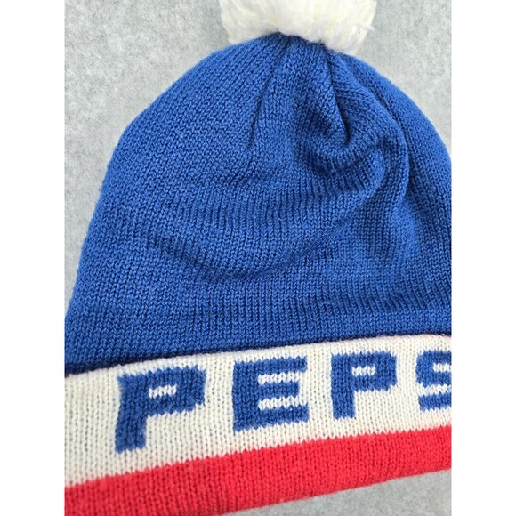 Vintage Cubs Pepsi Knitted Red Blue Winter Ski Cap Hat Advertising Pompom - Picture 3 of 6